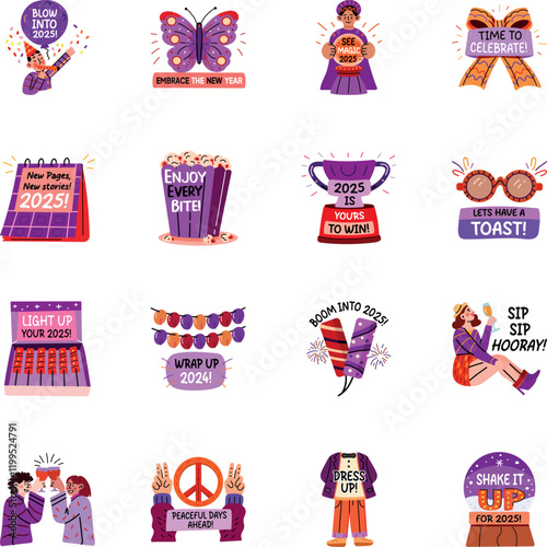 Set of Flat Sticker New Year Preparations Stickers 

