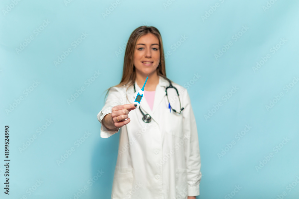 Female doctor showing digital thermometer on light blue background