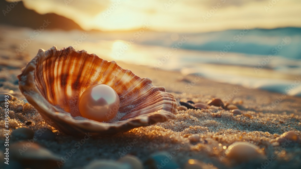 Sunrise beach scene with a pearl in a seashell. Sunrise beach scene with a pearl in a seashell.