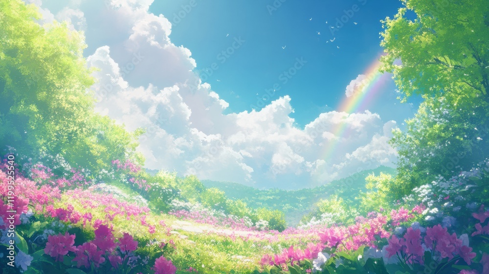 Spring background with a bright rainbow stretching across a flower-filled meadow Spring background with a bright rainbow stretching across a flower-filled meadow