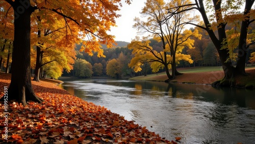 A serene river meanders through a lush, forested landscape, framed by vibrant orange and yellow foliage scattered along its banks. Towering trees flank the scene, creating a picturesque canopy