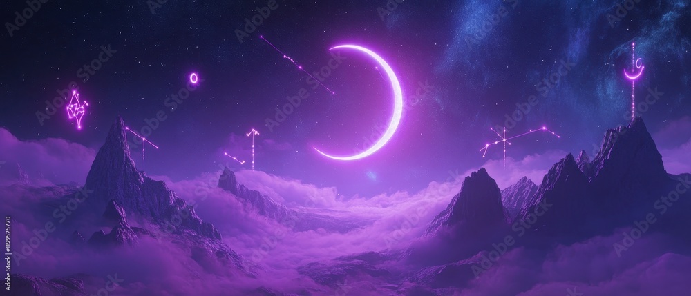 Celestial landscape featuring a glowing moon and mystical symbols in a vibrant purple atmosphere Celestial landscape featuring a glowing moon and mystical symbols in a vibrant purple atmosphere
