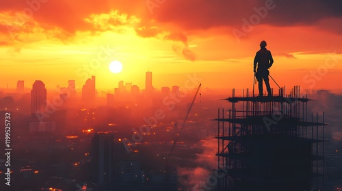 Wallpaper Mural Worker Silhouette at Sunset Over Cityscape Construction Torontodigital.ca