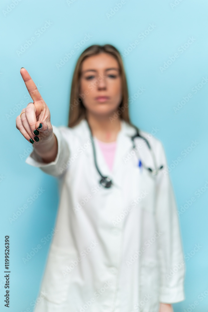 vertical Serious doctor woman making a stop sign with her hand vertical Serious doctor woman making a stop sign with her hand