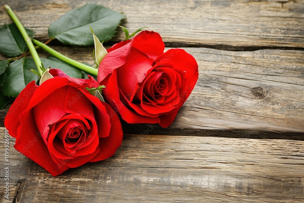 Two Red Roses on Wooden Background with Copy Space for Valentine's Day Card, Romantic Love Concept, Red Rose Flowers on Old Rustic Wood Table Surface, Elegant and Heartfelt Design Two Red Roses on Wooden Background with Copy Space for Valentine's Day Card, Romantic Love Concept, Red Rose Flowers on Old Rustic Wood Table Surface, Elegant and Heartfelt Design