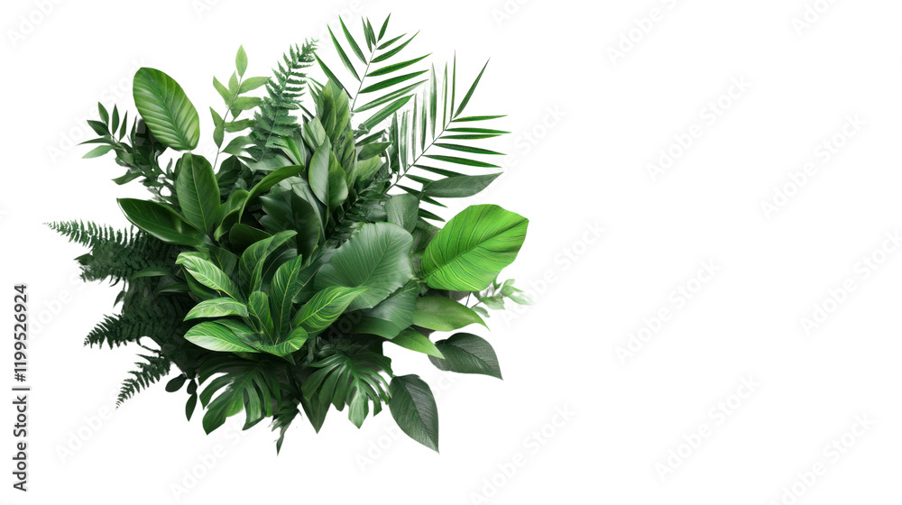 Obraz premium A vibrant arrangement of lush green tropical leaves isolated on a white background, perfect for natural decor or environmental themes.
