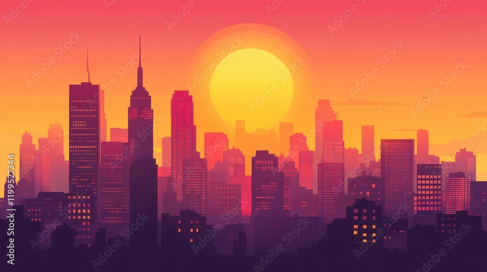 Fototapeta premium Vibrant City Sunset Skyline Illustration