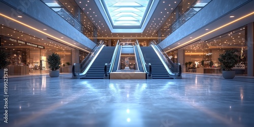 Modern Shopping Mall Interior: Escalators, Polished Floors, and Elegant Retail Spaces