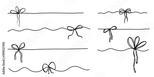 Ribbon bow gift box thread ribbon bow tie knot packaging hand drawn sketch doodle elements. Minimalistic graphic collection isolated on white background.