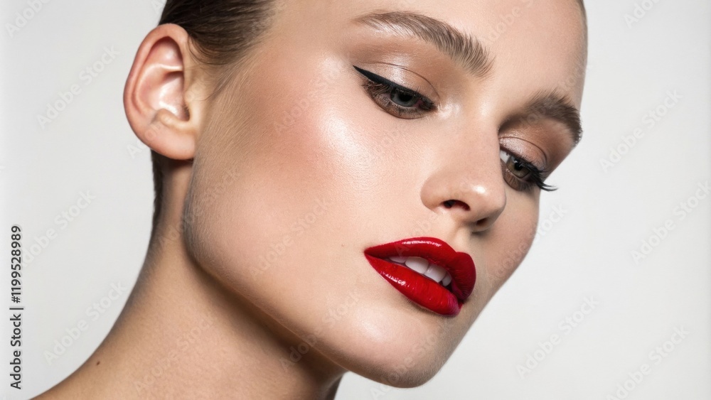A portrait features a person with sleek highgloss red lipstick that appears almost mirrorlike. The minimalist approach highlights their serene expression and flawless skin crafting
