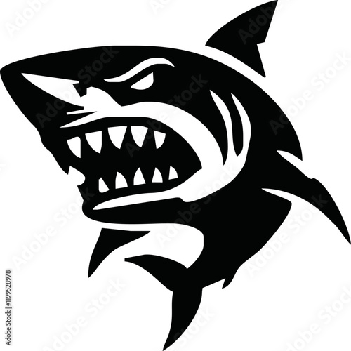 modern and simple shark silhouette logo, negative spaced shark in black color logo icon vector temple, esport wild shark logo