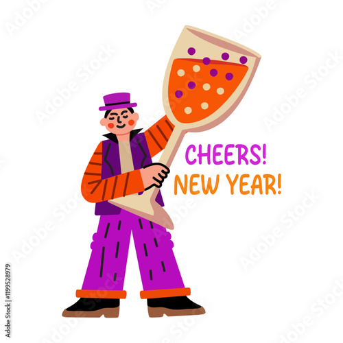 A flat sticker of a character holding a large glass with new year cheers typography