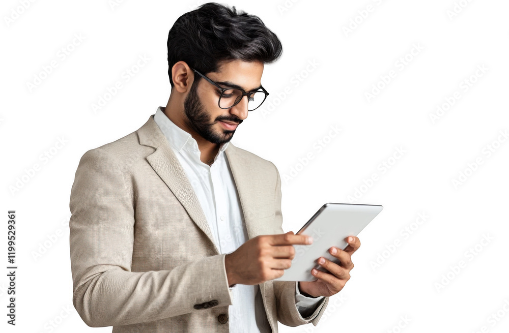 Handsome businessman using a tablet and working, isolated on transparent background Handsome businessman using a tablet and working, isolated on transparent background