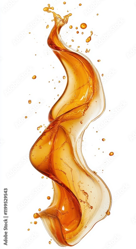 Fototapeta premium Elegant Swirl of Amber Liquid with Droplets Captured in Motion, Isolated on White Background, Perfect for Abstract Art and Beverage Advertising