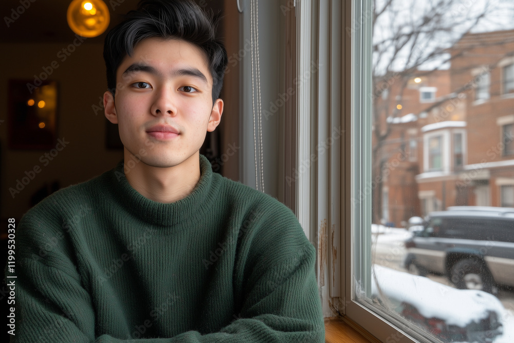 young man with dark hair sits by window, wearing green sweater. snowy street outside adds cozy atmosphere to indoor setting young man with dark hair sits by window, wearing green sweater. snowy street outside adds cozy atmosphere to indoor setting