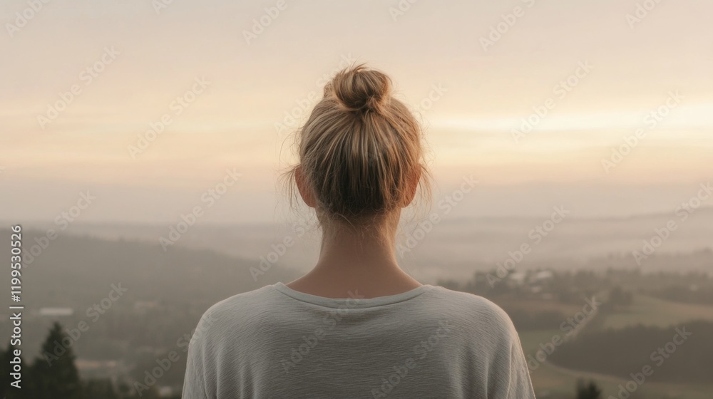 Fototapeta premium Woman with bun hairstyle facing scenic mountain view at sunrise.