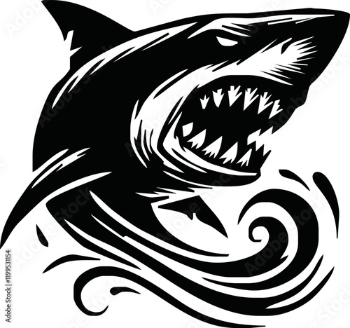 modern and simple shark silhouette logo, negative spaced shark in black color logo icon vector temple, esport wild shark logo