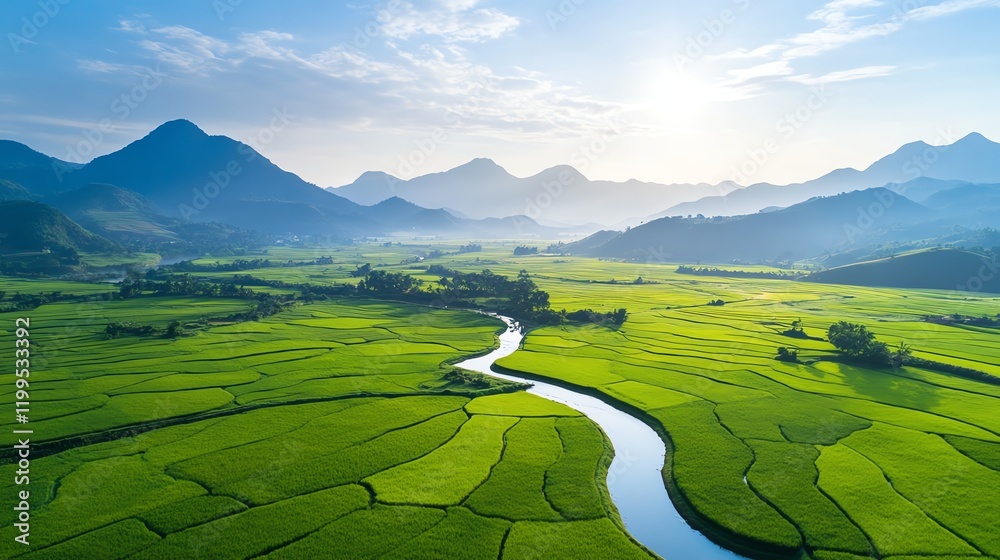 Obraz premium Vibrant green organic rice fields bordered by water streams, symbolizing ecofriendly farming for exports