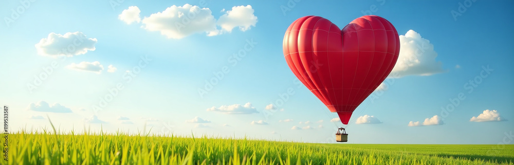 Fototapeta premium A Red Hot Air Balloon Shaped Like A Heart Soars Above A Lush Green Field On A Sunny Day. 00003