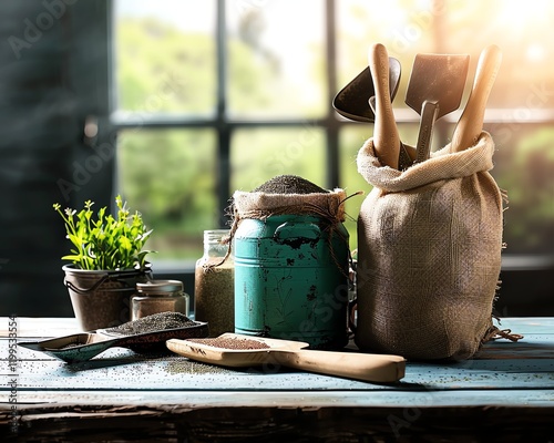 Vintage farming catalog scene showcasing hand-painted garden tools, colorful seed packets, and rustic fertilizer sacks on a sunlit wooden table photo