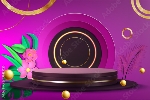 Realistic purple glowing circular neon light podium background with golden details, modern luxury.