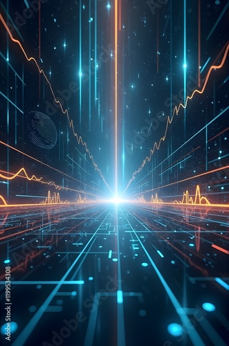 Futuristic financial network with radiant data streams and graphs, representing advanced analytics and global economic innovation