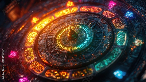 Vibrant cosmic mandala with glowing symbols and intricate patterns. Radiating energy, circular geometry, mystical design, spiritual representation, vivid colors, abstract art. Generative AI.