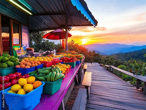 A colorful Thai fruit stand at sunrise, symbolizing agriculture s role in boosting tourism and local business photo