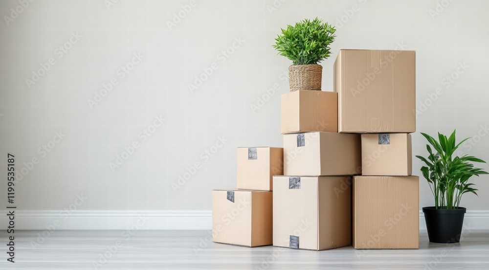 A stack of cardboard boxes on a white background, representing moving and storage services for home 