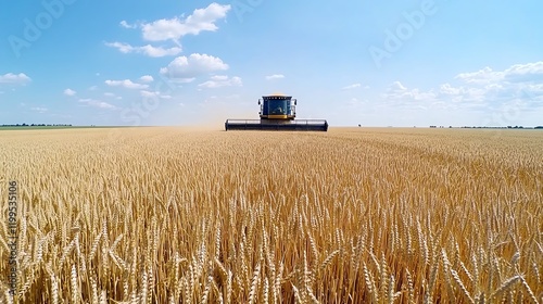 A modern combine harvester working on a wheat field, emphasizing hightech farming machinery photo