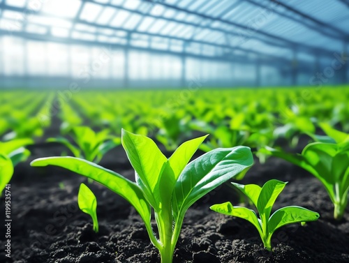 A smart greenhouse with automated lighting, humidity, and temperature controls, symbolizing technologydriven farming photo