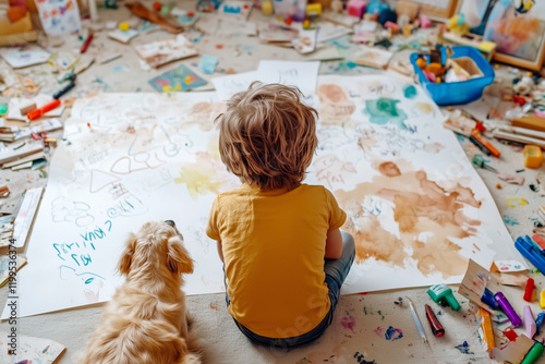 child and dog sit on messy floor, surrounded by art supplies and colorful drawings