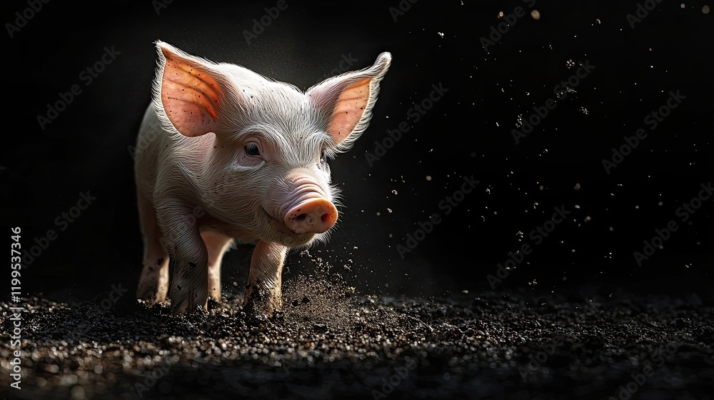 Piglet exploring soil under soft glowing light. Pink texture, natural behavior, peaceful farm scene, innocence, and vibrant charm captured. Generative AI. Piglet exploring soil under soft glowing light. Pink texture, natural behavior, peaceful farm scene, innocence, and vibrant charm captured. Generative AI.