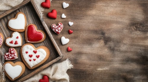 Heart-shaped gingerbread cookies with vibrant icing arranged in a rustic tray, perfect for celebrating Valentine's Day photo