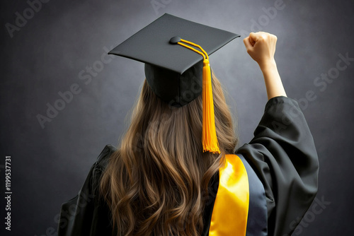 Celebrating graduation with cap and gown, proud moment of achievement photo