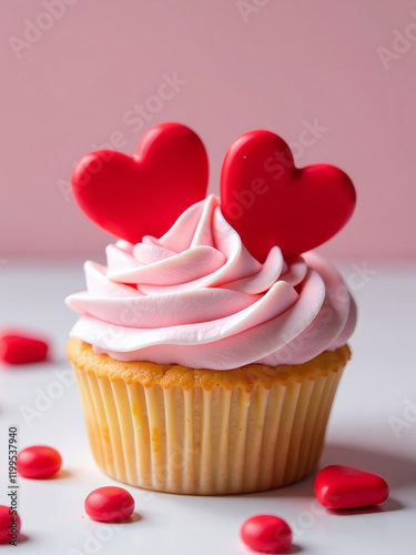 A Cupcake Or Tartlet With Pink Meringue Cream Is Decorated With Two Big Red Hearts And Small Heart Shape Candies. 00002