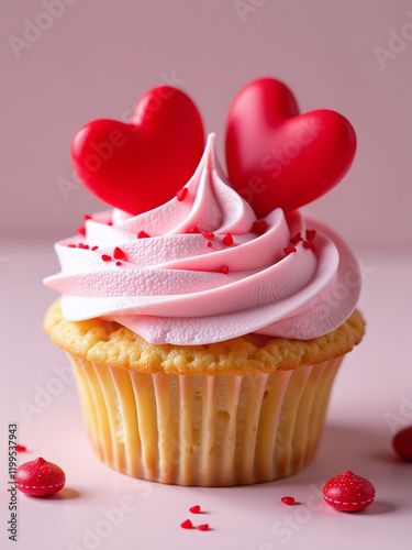 A Cupcake Or Tartlet With Pink Meringue Cream Is Decorated With Two Big Red Hearts And Small Heart Shape Candies. 00003
