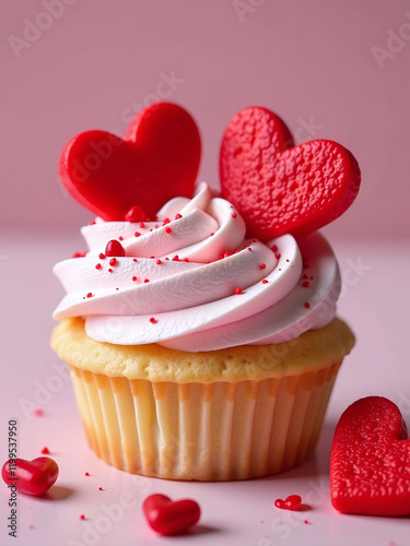 A Cupcake Or Tartlet With Pink Meringue Cream Is Decorated With Two Big Red Hearts And Small Heart Shape Candies. 00001