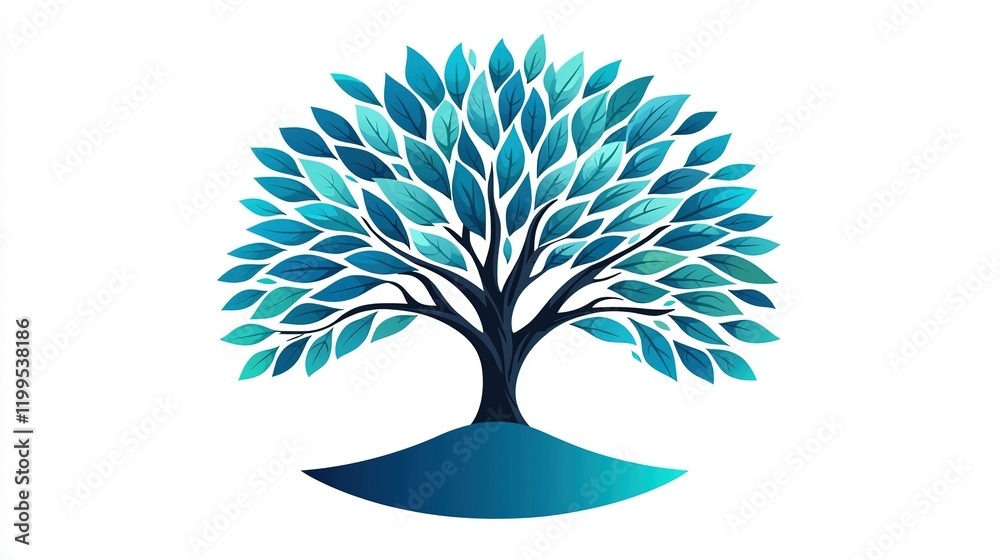 Naklejka premium Blue tree with vibrant leaves on a hill against white backdrop.