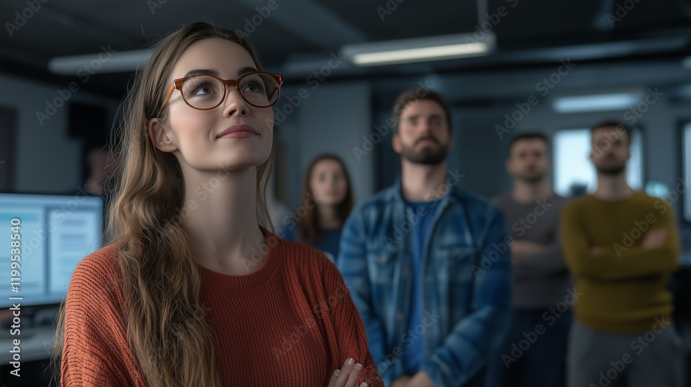 Fototapeta premium focused woman with glasses stands in modern office, surrounded by colleagues. atmosphere is collaborative and engaged, highlighting teamwork and creativity