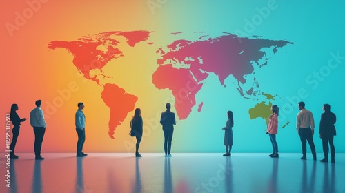 A representation of a world map showcasing economic opportunities and challenges, with people analyzing it together. The global collaboration and teamwork in financial trends and strategies