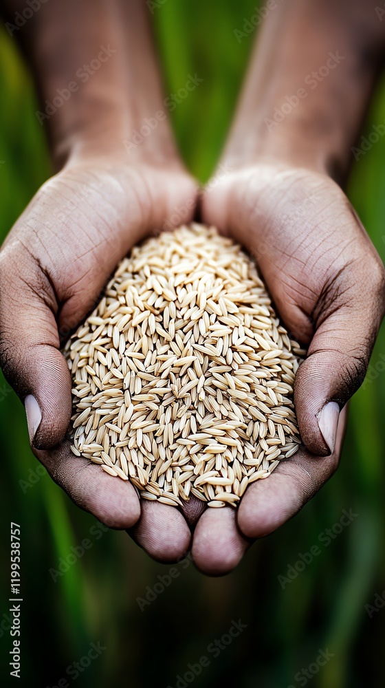 Farmer holding a handful of freshly harvested organic rice, representing purity and global appeal Farmer holding a handful of freshly harvested organic rice, representing purity and global appeal