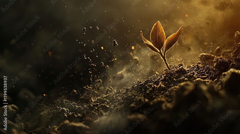 Obraz premium Young sprout glowing in golden light, symbolizing renewal, growth, and hope. Sparkling soil particles enhance the serene and delicate natural beauty. Generative AI
