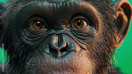 Chimpanzee Portrait: Close-up of a young chimpanzee's expressive face, showcasing its intelligent, soulful eyes and delicate features against a vibrant green background. 
