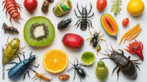 A colorful arrangement of various edible insects and fruits on a white background, showcasing biodiversity photo