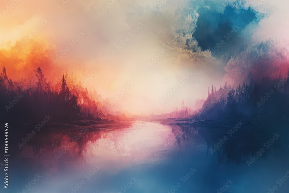 Obraz premium A Serene Landscape with a River Flowing Through a Forest and Misty Sky