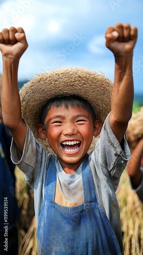 Farmers celebrating a successful organic rice harvest, symbolizing communitydriven export businesses photo