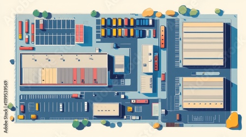Supply chain logistics flat design top view modern warehouse cartoon drawing Triadic Color Scheme. 