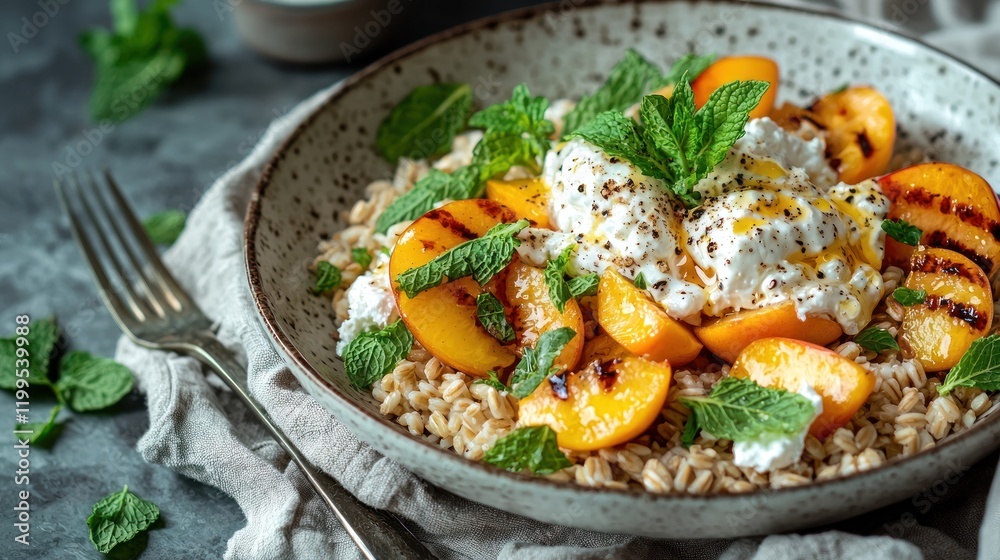 Grilled peach and ricotta oatmeal salad. Grilled peach and ricotta oatmeal salad.