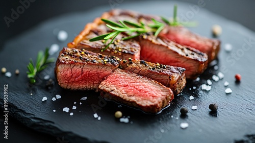 Grilled Steak with Rosemary Garnish and Red Rose Petals, Highlighting Luxury and Gourmet Dining photo